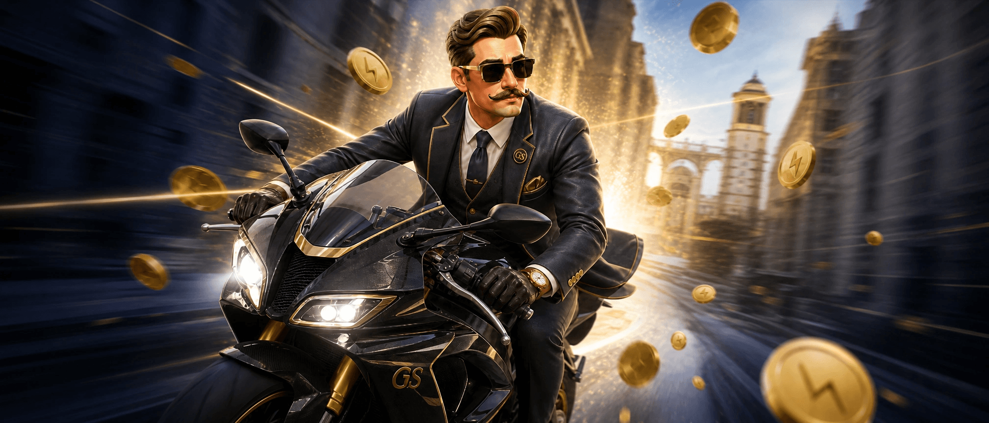 Golden Spin character on a motorcycle